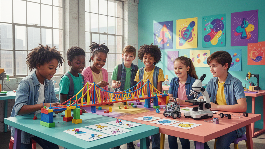 Bright illustrated sunlit studio where middle schoolers experiment with a model bridge, microscope and stop-motion art