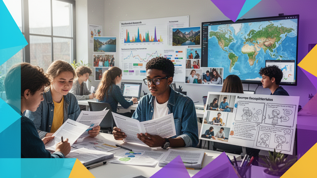 Bright high school multimedia literature studio with diverse teens researching maps and visual storyboards