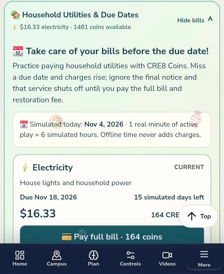 Real CRE8VERSE utilities and bill-payment practice screen