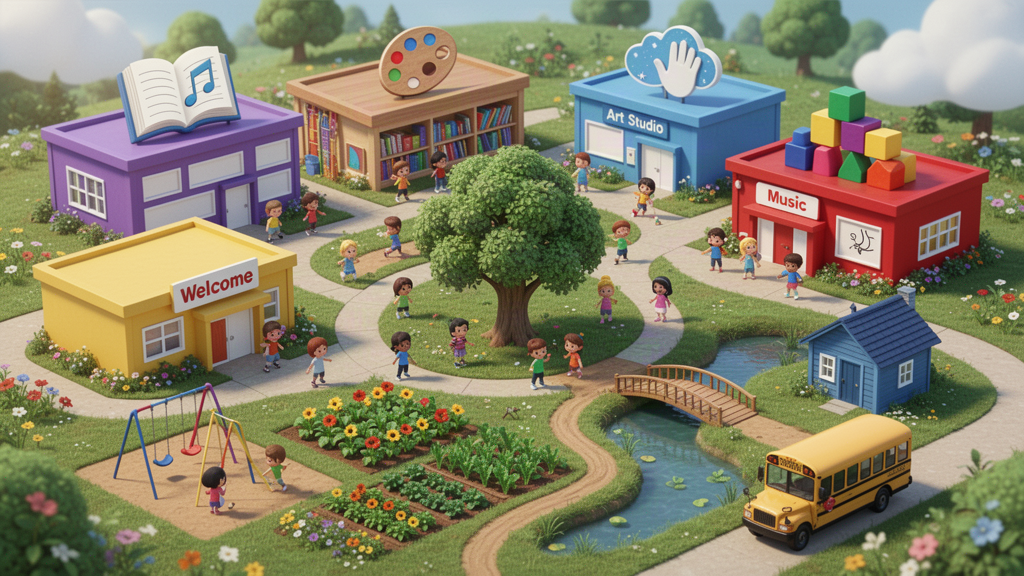 Colorful picture-first preschool campus with buildings, playground, garden, pond, quiet cottage and school bus