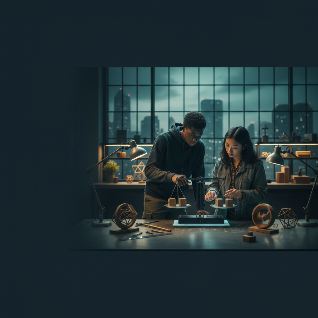 Teens in a contemporary engineering workspace with a balance model
