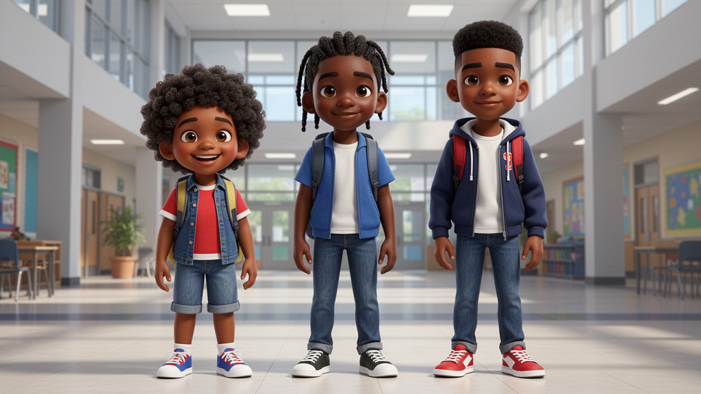 Three fictional Black student characters at elementary, middle-school, and high-school ages showing realistic stylized face, hair, body proportions, and fabric quality.