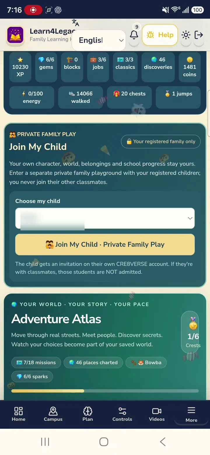 Real CRE8VERSE adventure atlas screenshot with personal information hidden