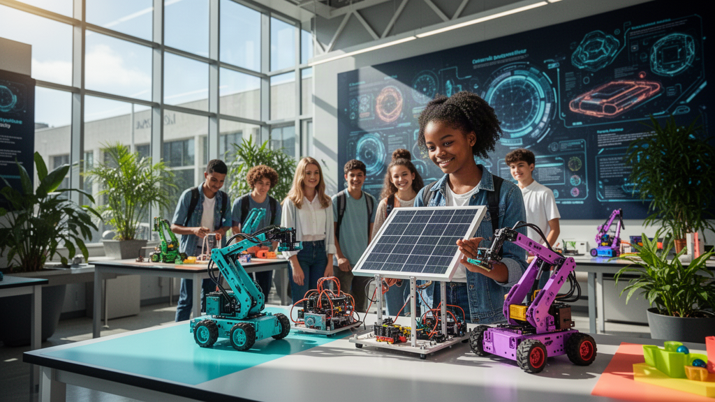 Bright editorial-style high school innovation studio with diverse teens creating a solar-powered prototype