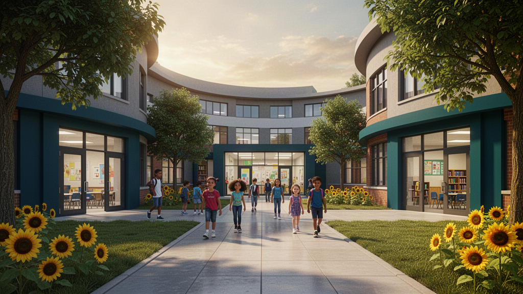 Original rendered vision of a sunlit, smoothly designed, landscaped campus with attractive school architecture.